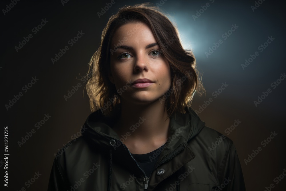 Environmental portrait photography of a grinning girl in her 30s wearing a sleek bomber jacket against a dramatic thunderstorm background. With generative AI technology