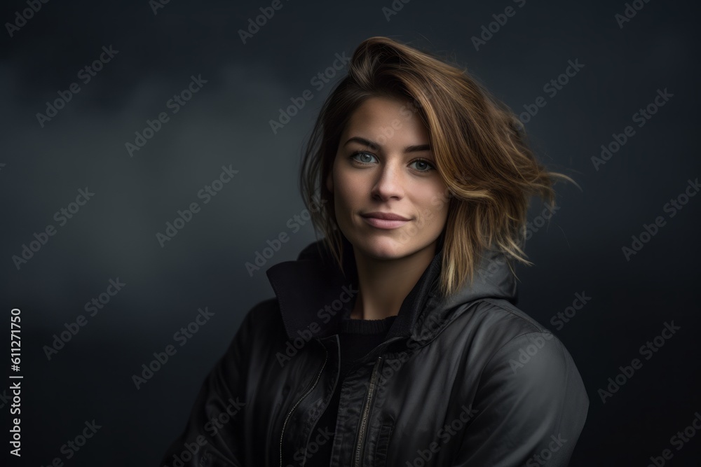 Environmental portrait photography of a grinning girl in her 30s wearing a sleek bomber jacket against a dramatic thunderstorm background. With generative AI technology
