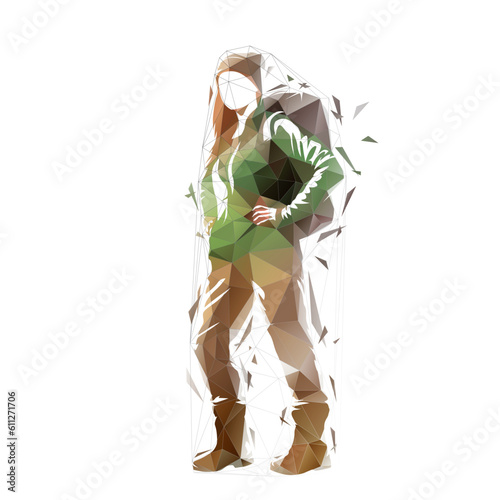 Young woman goes hiking with a backpack on her back. Isolated low poly vector illustration, geometric drawing from triangles