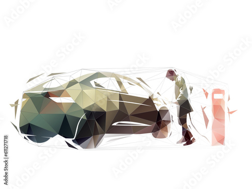 Electric car charging, fast charging. Charging station, low poly vector illustration. Man plugs in charging