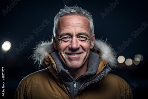 Headshot portrait photography of a happy mature man wearing a warm parka against a dramatic thunderstorm background. With generative AI technology