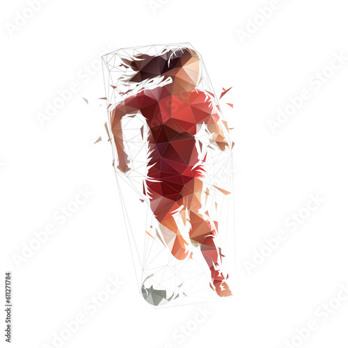 Female soccer player, low polygonal woman playing football, front view, isolated vector silhouette, geometric drawing from triangles