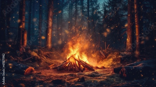 Bonfire in center the forest at night. Generative AI
