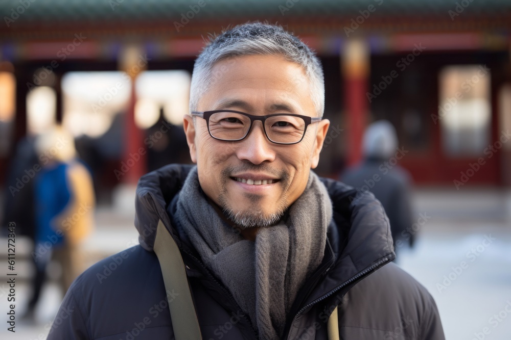 Close-up portrait photography of a satisfied mature boy wearing a cozy winter coat against a traditional asian temple background. With generative AI technology Close-up portrait photography of a satisfied mature boy wearing a cozy winter coat against a traditional asian temple background. With generative AI technology