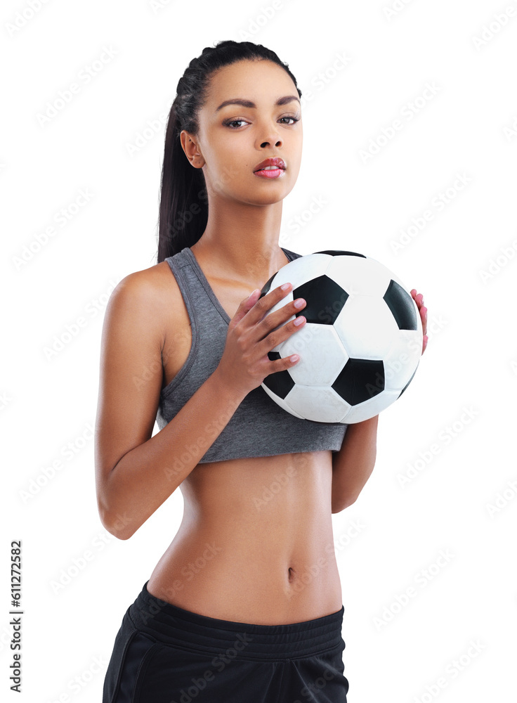 Sports, fitness and portrait of woman with soccer ball isolated on transparent png background. Game, exercise and serious female footballer workout and motivation for health, wellness and training. Sports, fitness and portrait of woman with soccer ball isolated on transparent png background. Game, exercise and serious female footballer workout and motivation for health, wellness and training.