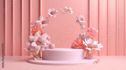 Podium with pink roses on pastel pink background to display products, gift or cosmetics. Generative AI © AngrySun