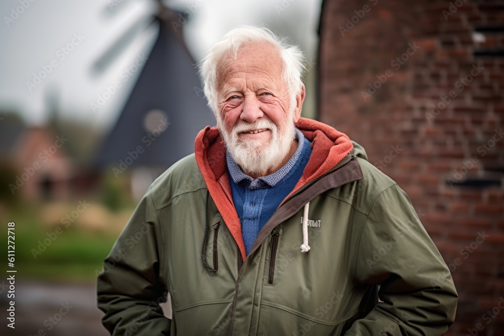 Environmental portrait photography of a joyful old man wearing a cozy zip-up hoodie against a rustic windmill background. With generative AI technology Environmental portrait photography of a joyful old man wearing a cozy zip-up hoodie against a rustic windmill background. With generative AI technology