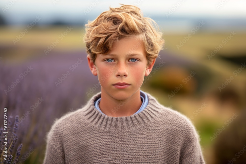 Headshot portrait photography of a tender mature boy wearing a cozy sweater against a lavender field background. With generative AI technology Headshot portrait photography of a tender mature boy wearing a cozy sweater against a lavender field background. With generative AI technology