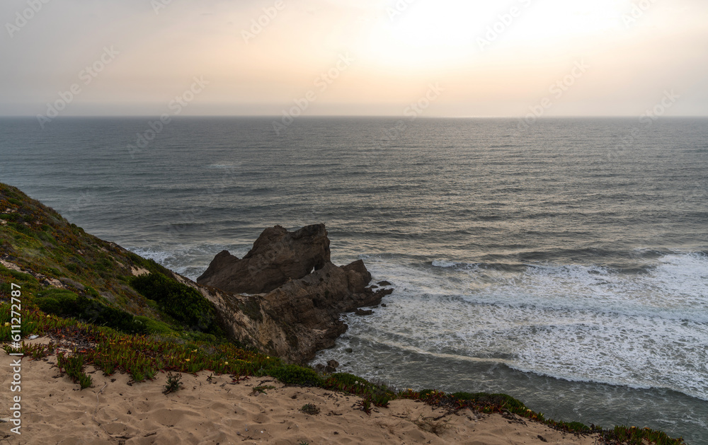 Majestic coastline looking the Atlantic Ocean. View of nature landscape rocky cliff shore, Portugal, Europe.