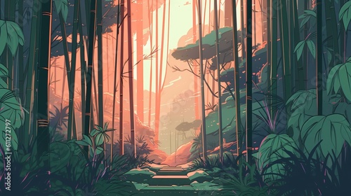 Lofi forest landscape wallpaper background design, anime manga style illustration art, Generative AI photo