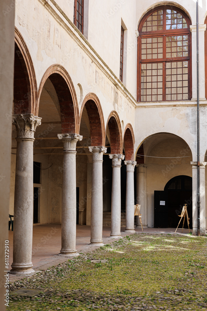 Loggia, Arches and Corridor of the Medieval Fortress of the Rossi in San Secondo, Parma - Italy