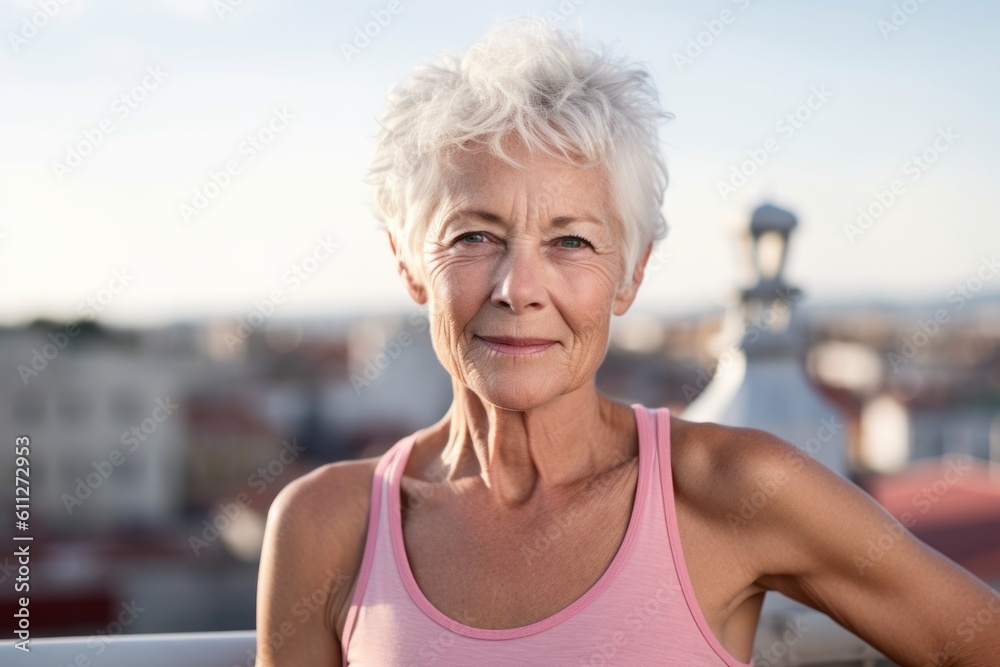 Close-up portrait photography of a satisfied old woman wearing a stylish tank top against a rooftop terrace background. With generative AI technology Close-up portrait photography of a satisfied old woman wearing a stylish tank top against a rooftop terrace background. With generative AI technology