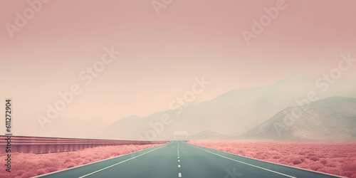 Minimalistic misty empty highway. Foggy road. Mystery travel concept. Generative AI © AngrySun