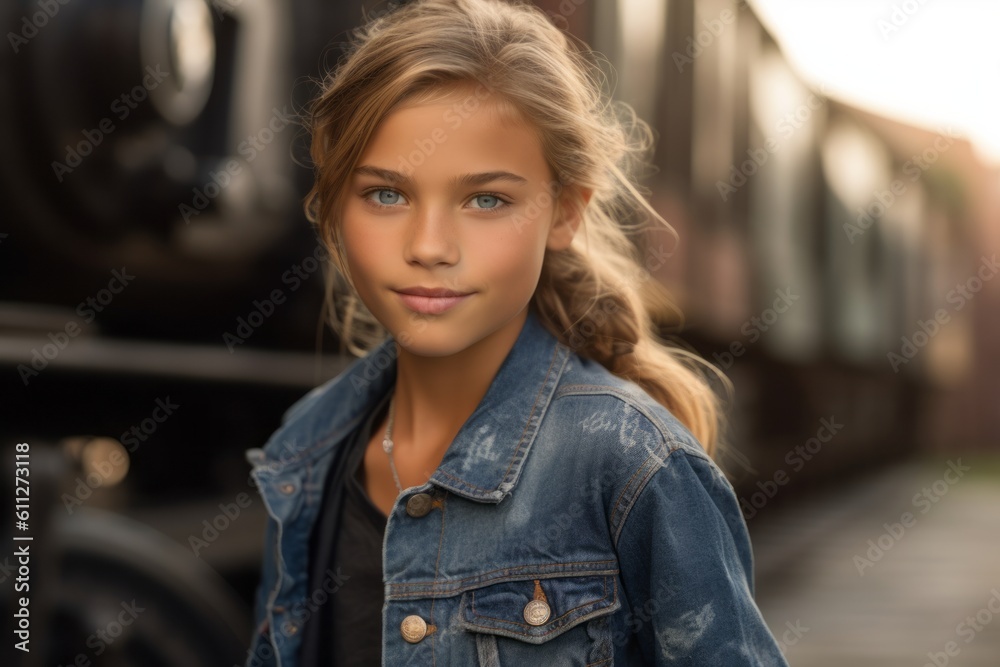Close-up portrait photography of a glad kid female wearing comfortable jeans against a historic train background. With generative AI technology Close-up portrait photography of a glad kid female wearing comfortable jeans against a historic train background. With generative AI technology