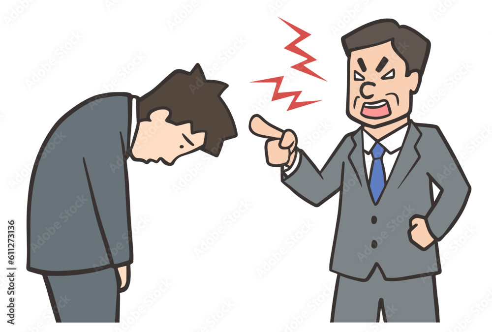 怒る中年男性と謝る男性、スーツの会社員、ガミガミ言う人 怒る中年男性と謝る男性、スーツの会社員、ガミガミ言う人