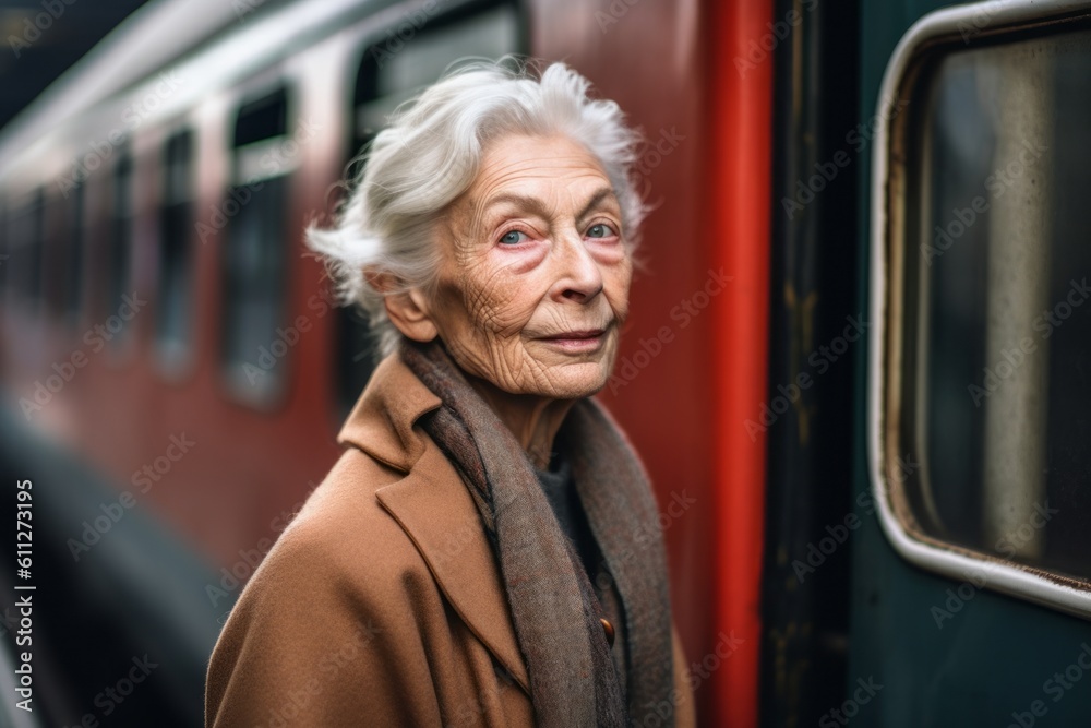 Photography in the style of pensive portraiture of a tender old woman wearing a chic cardigan against a historic train background. With generative AI technology Photography in the style of pensive portraiture of a tender old woman wearing a chic cardigan against a historic train background. With generative AI technology