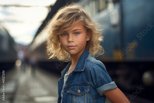 Close-up portrait photography of a glad kid female wearing comfortable jeans against a historic train background. With generative AI technology