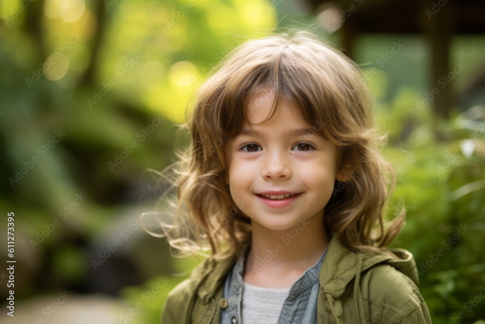 Close-up portrait photography of a satisfied kid female wearing comfortable jeans against a serene zen garden background. With generative AI technology Close-up portrait photography of a satisfied kid female wearing comfortable jeans against a serene zen garden background. With generative AI technology