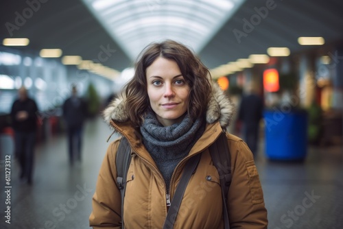 Environmental portrait photography of a glad girl in her 30s wearing a cozy winter coat against a busy airport terminal background. With generative AI technology