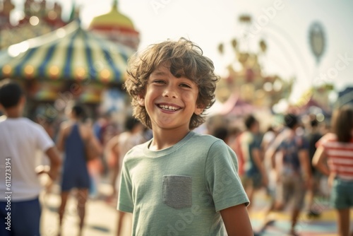 Lifestyle portrait photography of a satisfied kid male wearing breezy shorts against a crowded amusement park background. With generative AI technology