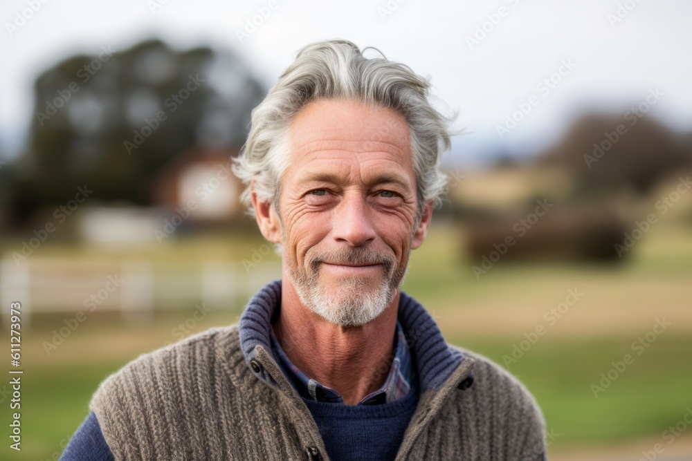 Close-up portrait photography of a glad mature man wearing a cozy sweater against a sprawling ranch background. With generative AI technology Close-up portrait photography of a glad mature man wearing a cozy sweater against a sprawling ranch background. With generative AI technology