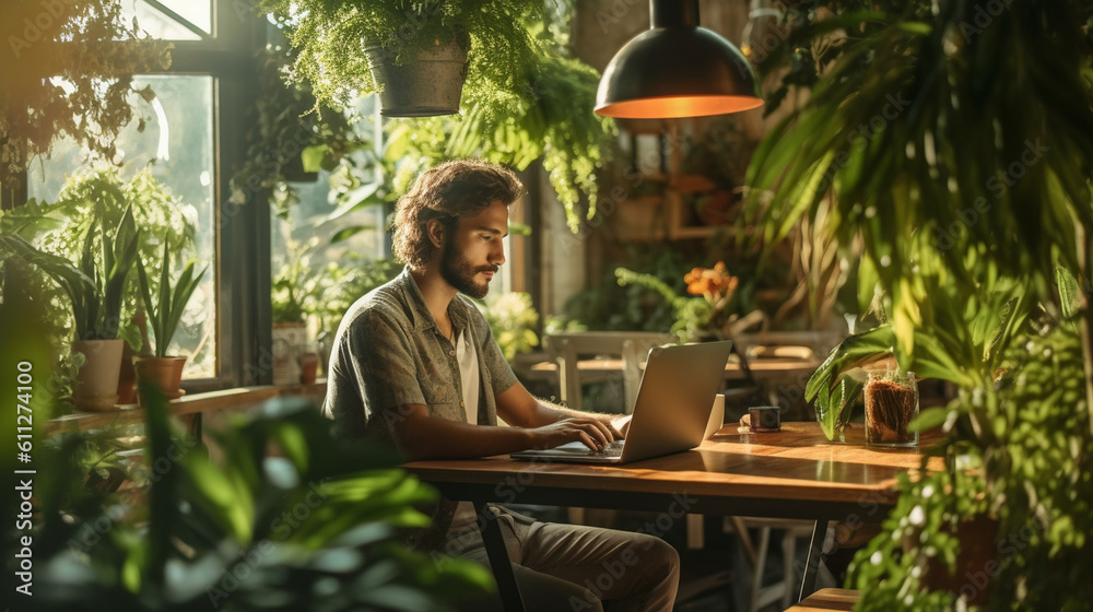 A startup entrepreneur working on a laptop in a vibrant coworking space filled with plants and natural light Generative AI