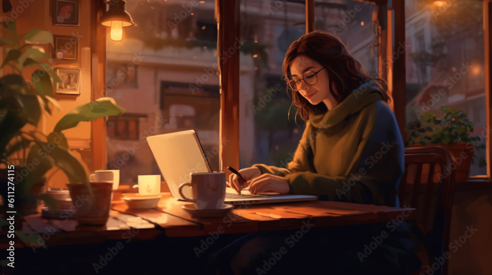 A woman working on a laptop in a cozy coffee shop with a warm and inviting atmosphere Generative AI