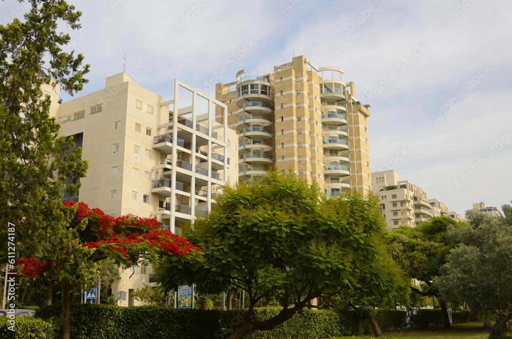 Residential real estate in Israel. Balcony in a modern house. Flowering tree, nice view from the window.  Royal poinciana (Delonix regia)