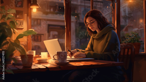 A woman working on a laptop in a cozy coffee shop with a warm and inviting atmosphere Generative AI © Denis Yevtekhov