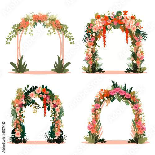 set of vector wedding altars for the marriage ceremony decorated with flowers 