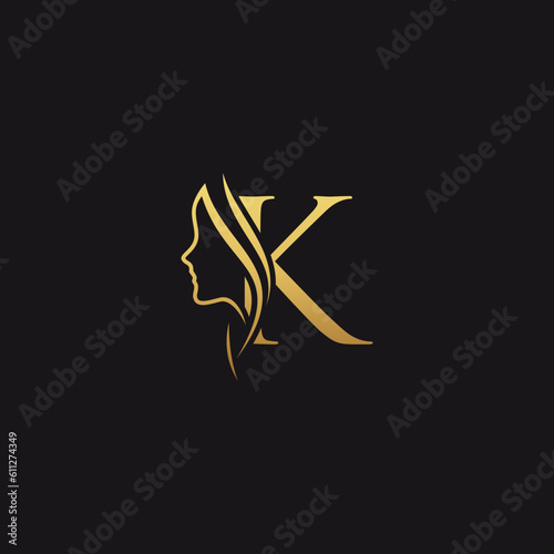 gold colored initial k combined with female face indicating beauty use for salon, hair, business, logo, design, vector, company, branding, and more