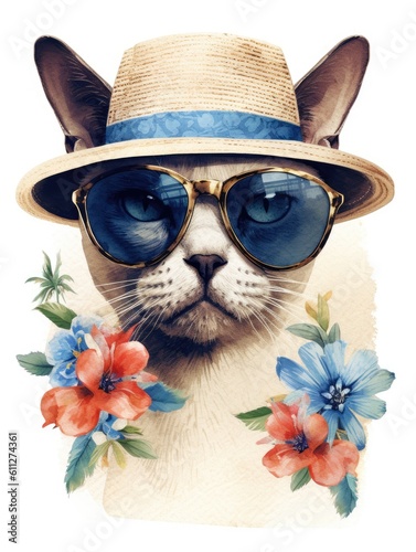 Artful illustration of a siamese cat wearing sunglases and a straw hat - created using generative Ai tools photo