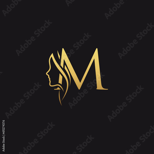 gold colored initial m combined with female face indicating beauty use for salon, hair, business, logo, design, vector, company, branding, and more