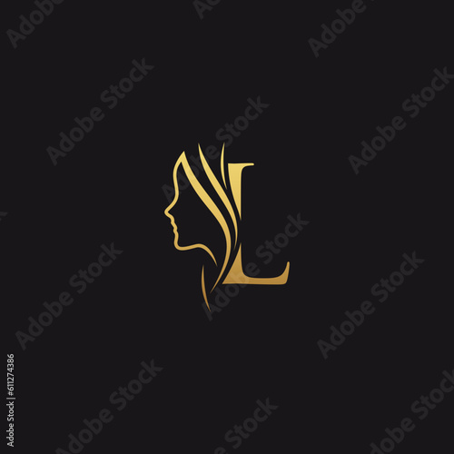gold colored initial l combined with female face indicating beauty use for salon, hair, business, logo, design, vector, company, branding, and more