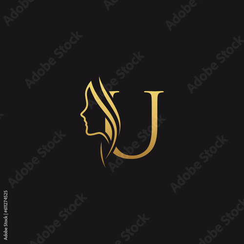 gold colored initial u combined with female face indicating beauty use for salon, hair, business, logo, design, vector, company, branding, and more