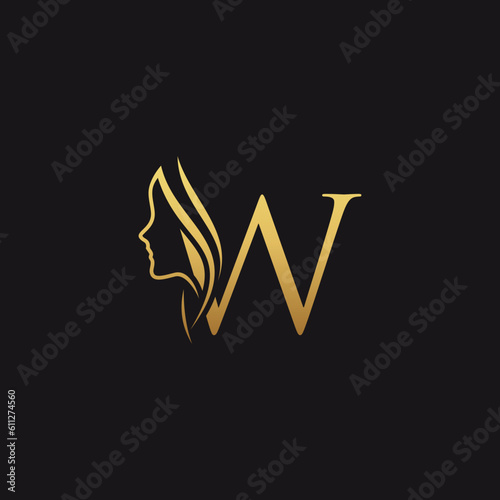 gold colored initial w combined with female face indicating beauty use for salon, hair, business, logo, design, vector, company, branding, and more
