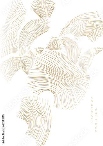 Abstract landscape background with white and gold hand drawn line pattern vector. Leaf art with natural template. Banner design and wallpaper in vintage style.