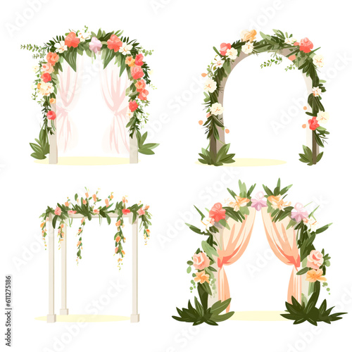 set of vector wedding altars for the marriage ceremony decorated with flowers 