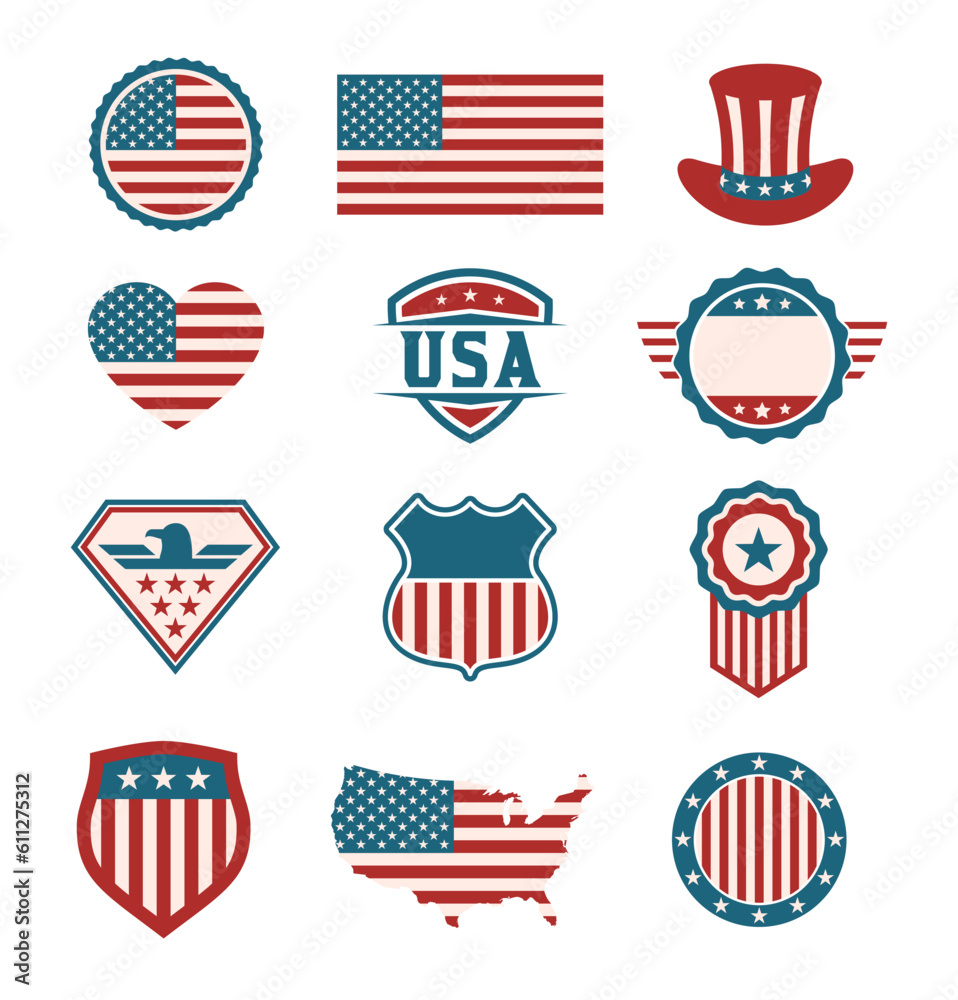 USA symbol set. American emblems collection. US labels, badges and ...