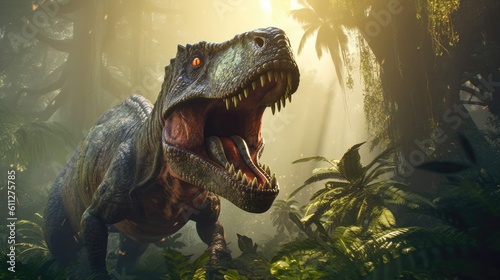 Tyrannosaur rex in the jungle, light shines through. Generative AI © Kanisorn