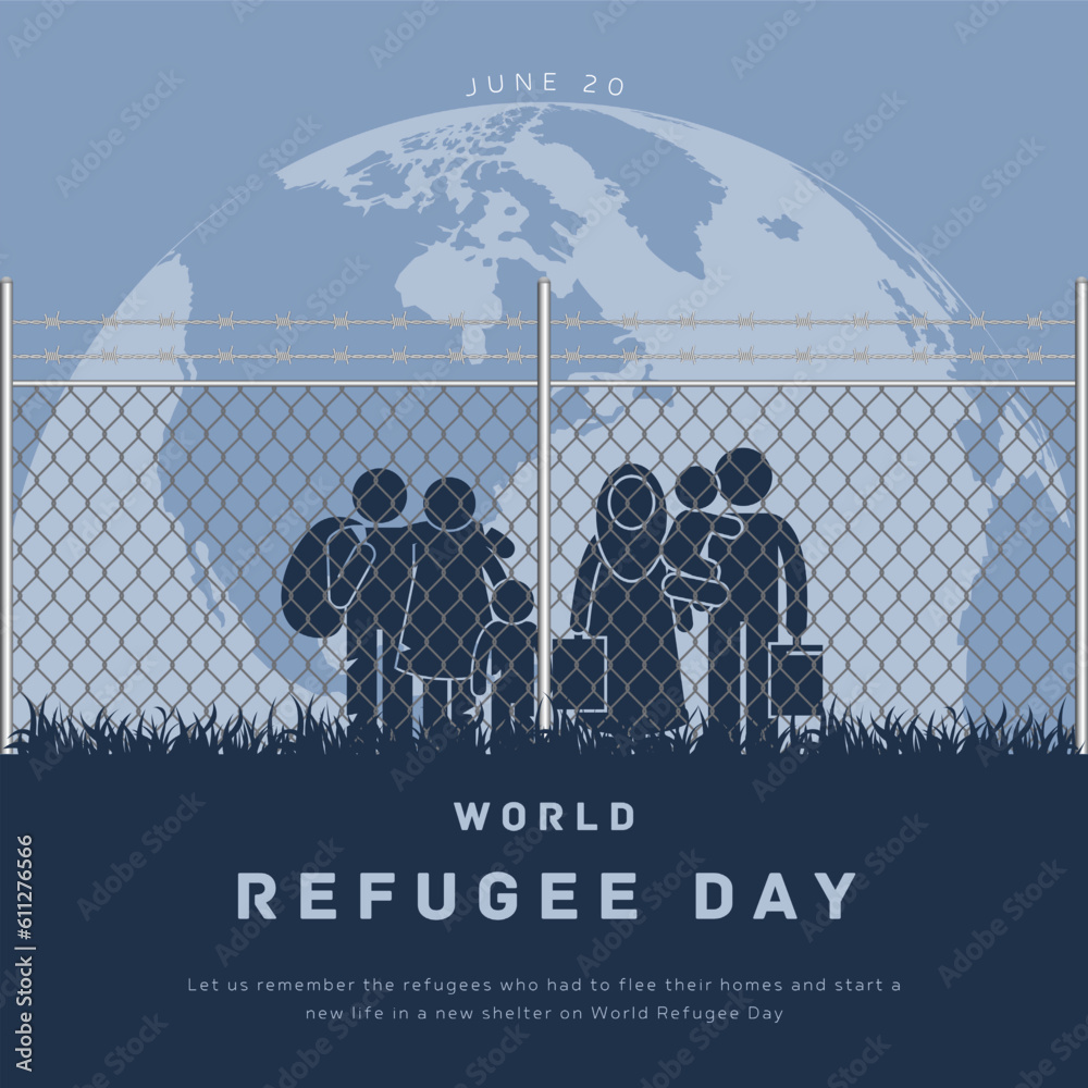 World Refugee Day. Concept of social event. 20 June. International immigration concept background. A refugee family trying to immigrate to save place. Vector Illustration. - obrazy, fototapety, plakaty 