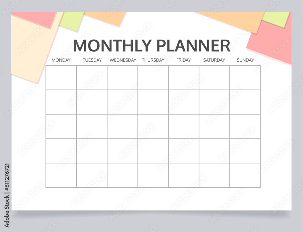 Monthly schedule planner worksheet design template. Blank printable goal setting sheet. Time management sample. Scheduling page for organizing personal tasks. Oxygen Bold, Regular fonts used