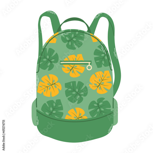 Isolated summer travel green bagpack with floral pattern in flat hand drawn vector style on white background. Stylish modern design.