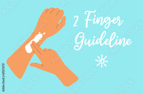 Banner with two finger rule for sunscreen with blue background. Summer skincare and protection concept. Hand with two fingers applying SPF cream on other hand. Flat vector illustration