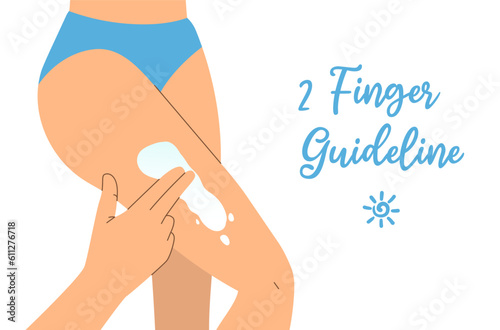 Banner with two finger rule for sunscreen with white background. Summer skincare and protection concept. Hand with two fingers applying SPF cream on leg. Flat vector illustration