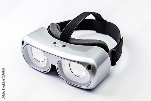 Close up of silver sleek VR glasses on a white background created with AI generative tools