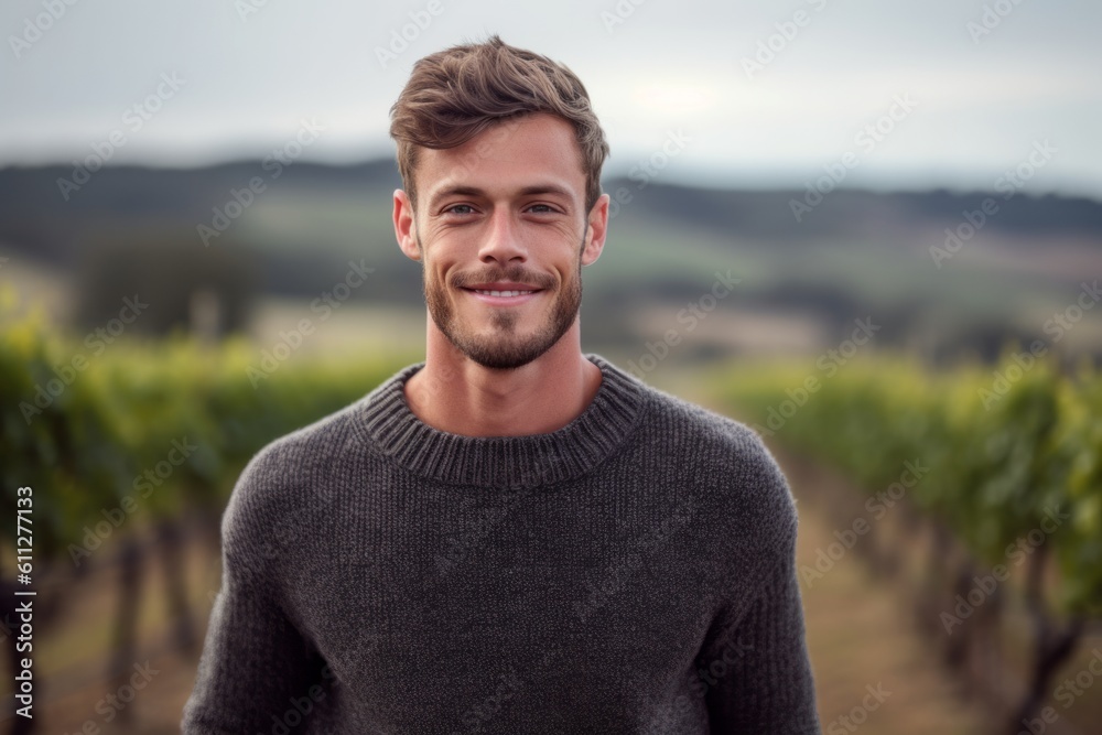 Close-up portrait photography of a satisfied boy in his 30s wearing a cozy sweater against a picturesque vineyard background. With generative AI technology