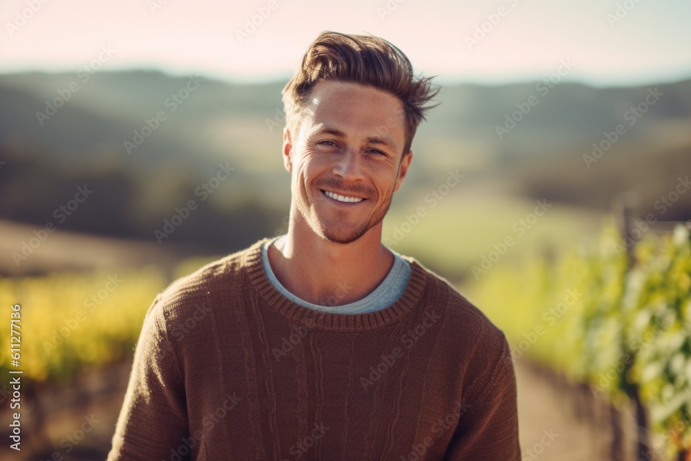 Close-up portrait photography of a satisfied boy in his 30s wearing a cozy sweater against a picturesque vineyard background. With generative AI technology Close-up portrait photography of a satisfied boy in his 30s wearing a cozy sweater against a picturesque vineyard background. With generative AI technology