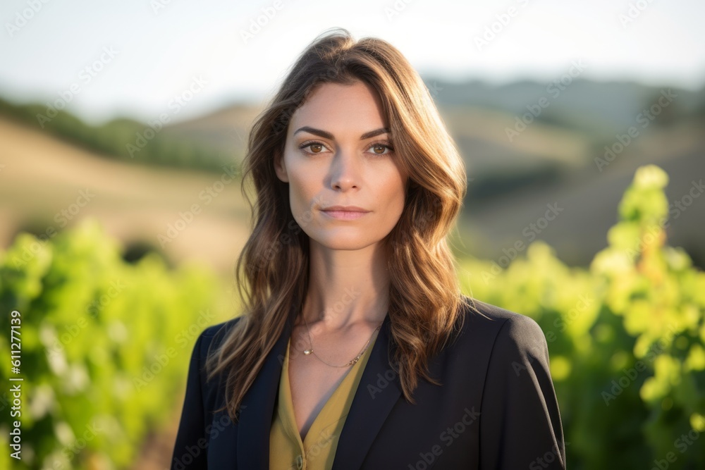 Headshot portrait photography of a tender mature girl wearing a classic blazer against a picturesque vineyard background. With generative AI technology