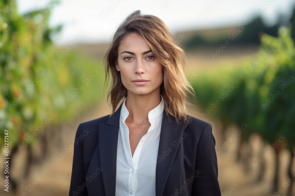Headshot portrait photography of a tender mature girl wearing a classic blazer against a picturesque vineyard background. With generative AI technology Headshot portrait photography of a tender mature girl wearing a classic blazer against a picturesque vineyard background. With generative AI technology